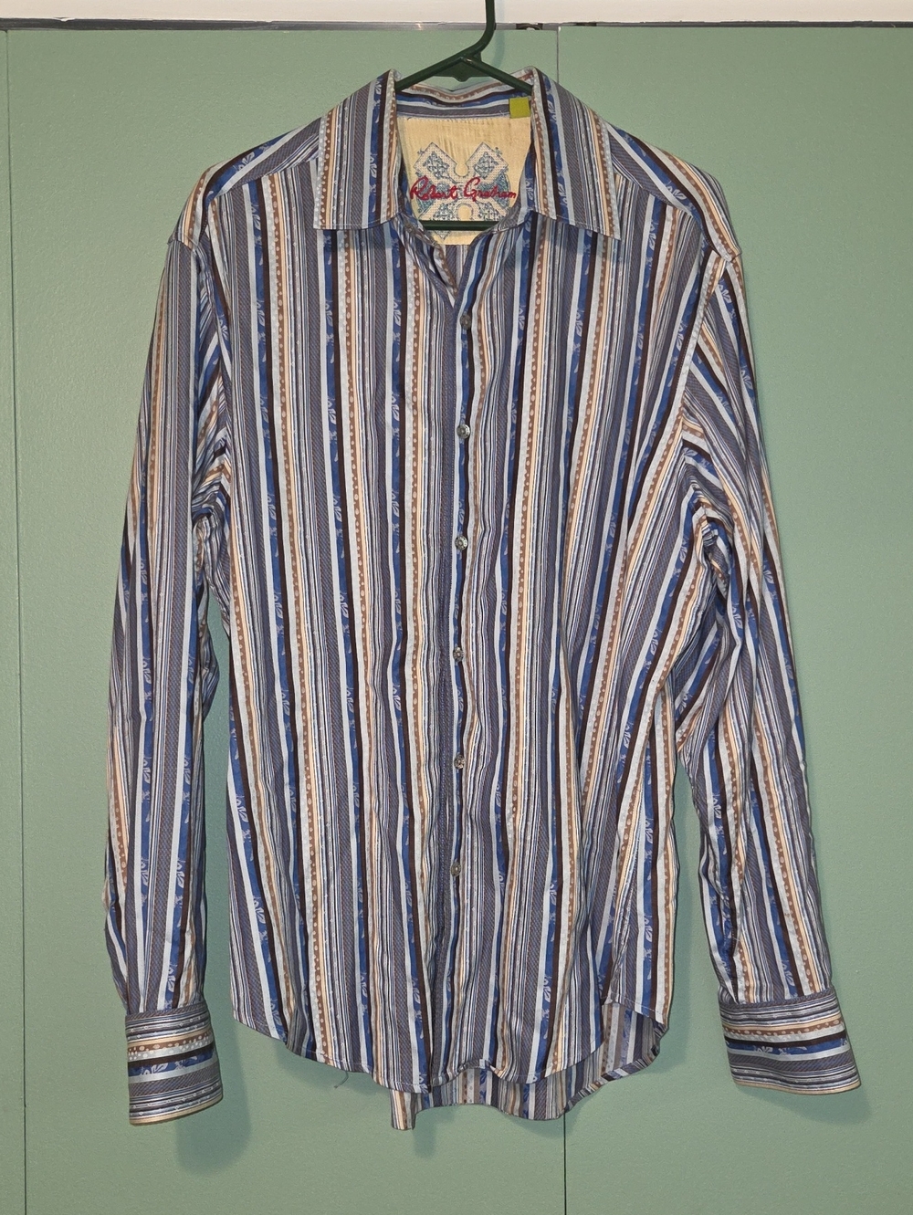 Robert Graham Blue White  Brown Striped Button-Down Shirt Size Xl
